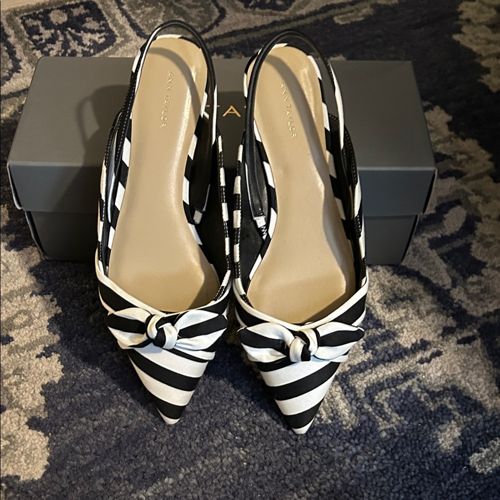 Ann Taylor Black and White Striped Pointed Slingback Flats with Knot Accent